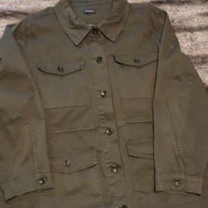 Massini olive, button up shirt style jacket with hidden drawstring cinch waist.